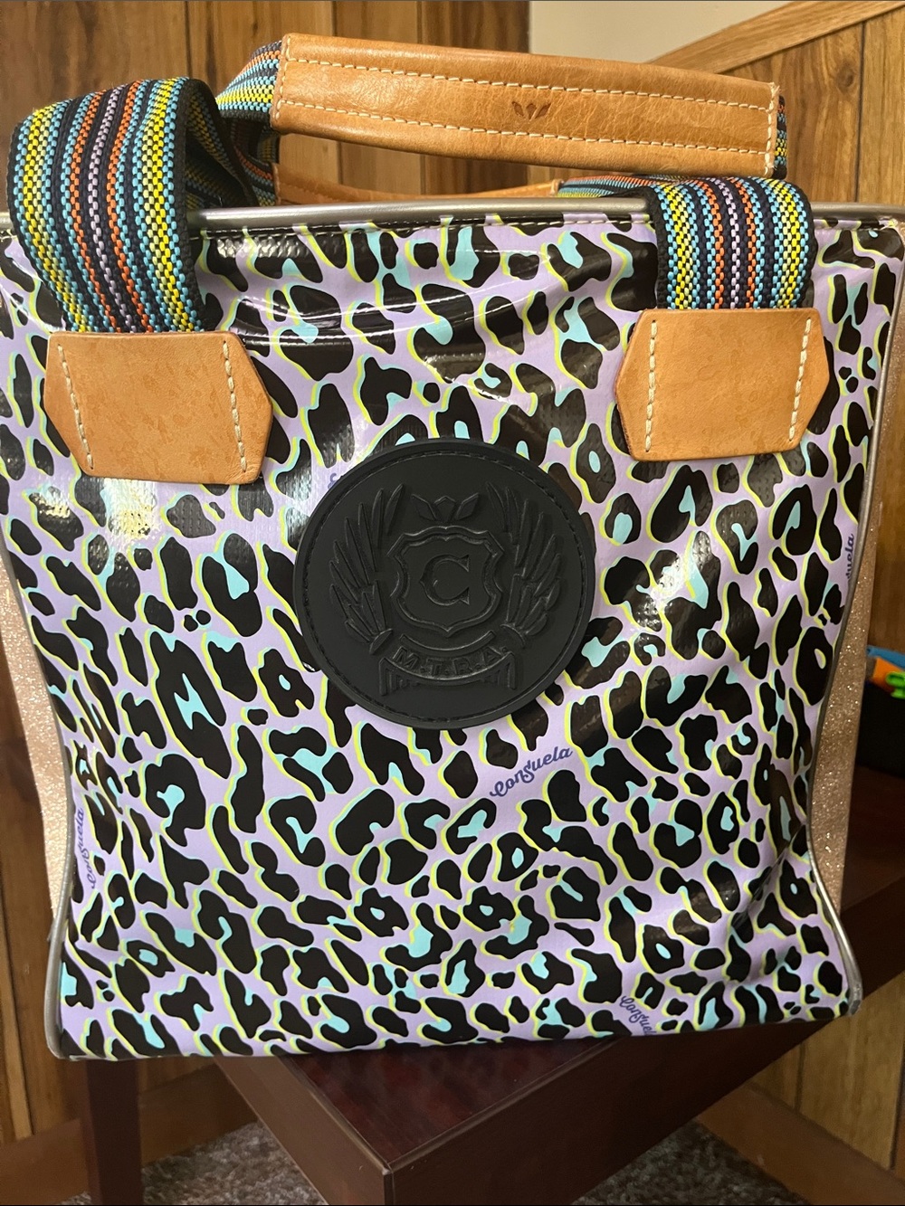 Consuela leopard Toat Colorful Leopard Print Tote Bag with Striped Handles